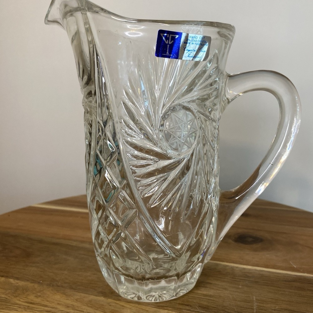 VTG Crystal Clear Industries Pitcher 24% Lead Hand Cut Yugoslavia 8" Etched Star